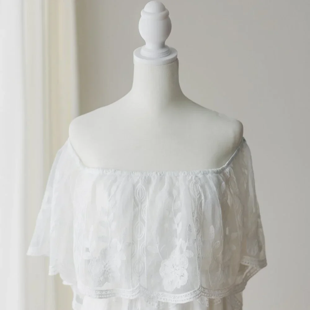 White Lace Off Shoulder Lace Maxi Dress Boho Size L - Picture 3 of 9